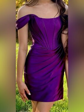 Sherri Hill Off-Shoulder Satin Short Prom Dress in Deep Purple